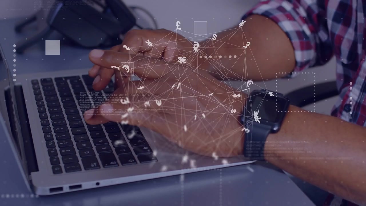 Mature man pressing keys on laptop, animating currency network following hand motion for finance