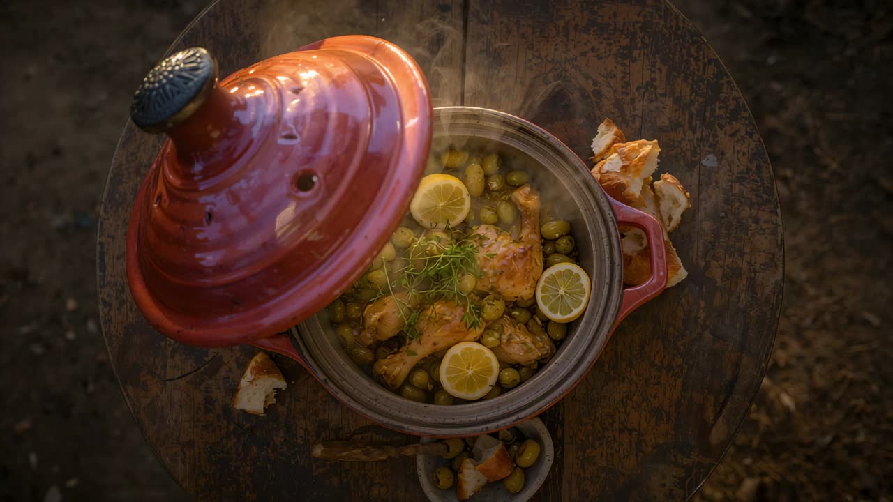 Coperchio rosso di tajine scorrevole che rivela uno stufato su un tavolo all'aperto, pollo al vapore con limoni e olive