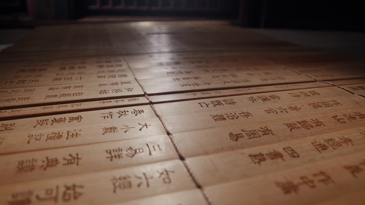 Open calligraphy vintage library antique story or video with the thirteen Classics, photograph of the original traditional culture Chinese words, preserved in the Temple of Confucius