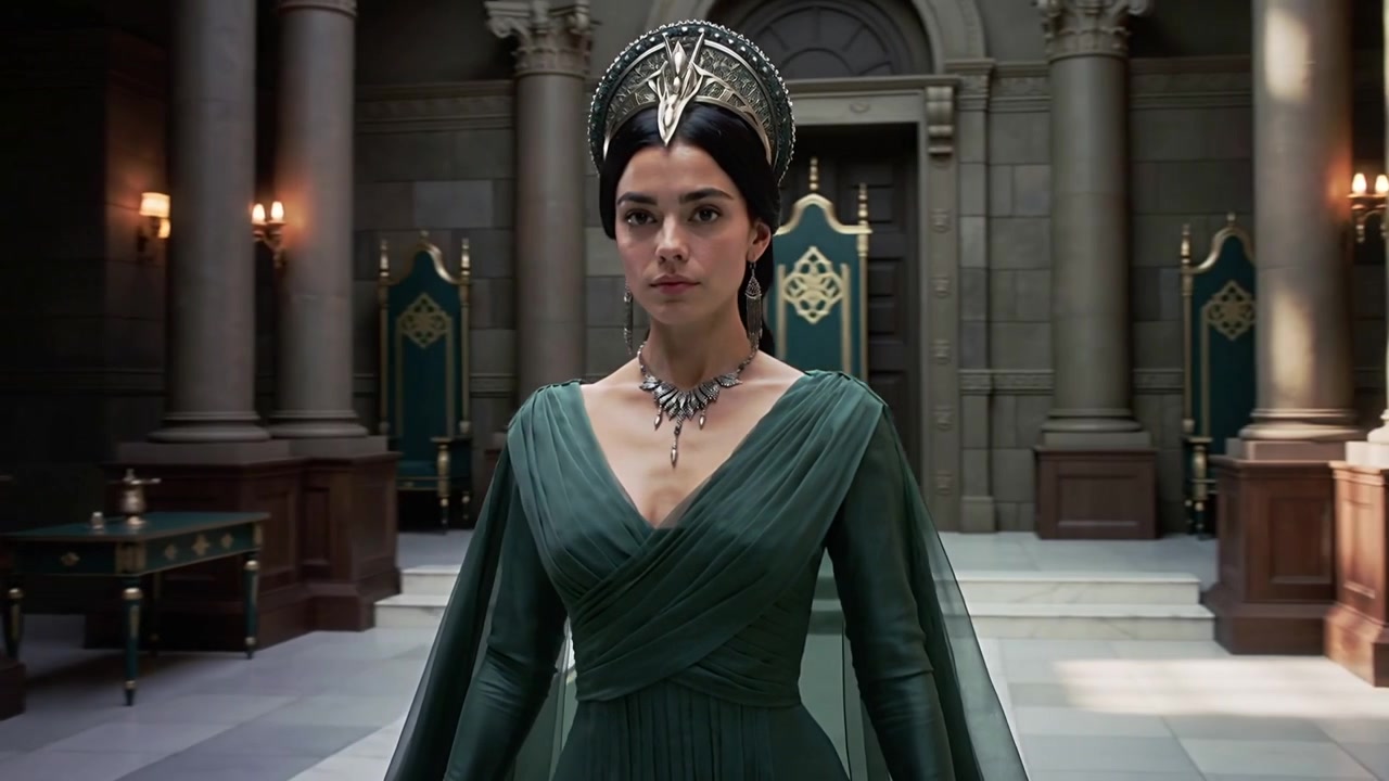 En kvinne i smaragdgrønn kjole kommer inn fra venstre, går mot en trone i en seremoniell sal, og står elegant.