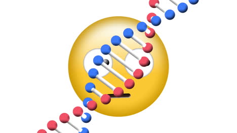 animación digital de la estructura del adn girando sobre un emoji de cara confundido contra un fondo blanco