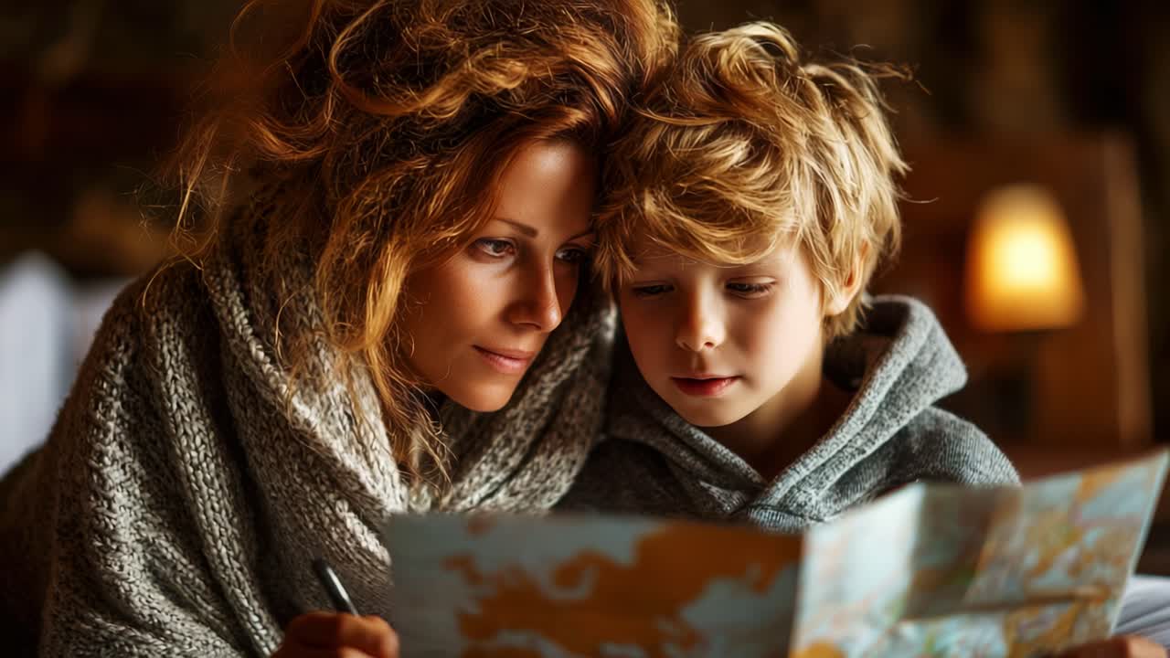 A heartwarming moment between a mother and her son as they explore a colorful map together, sharing curiosity and connection in a cozy, warm environment