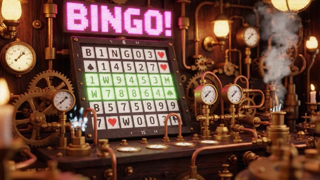Máy chơi Bingo chủ đề Steampunk với các chi tiết phức tạp và thẩm mỹ cổ điển, đặt trên nền bánh răng và hơi nước trong không khí trò chơi hấp dẫn.