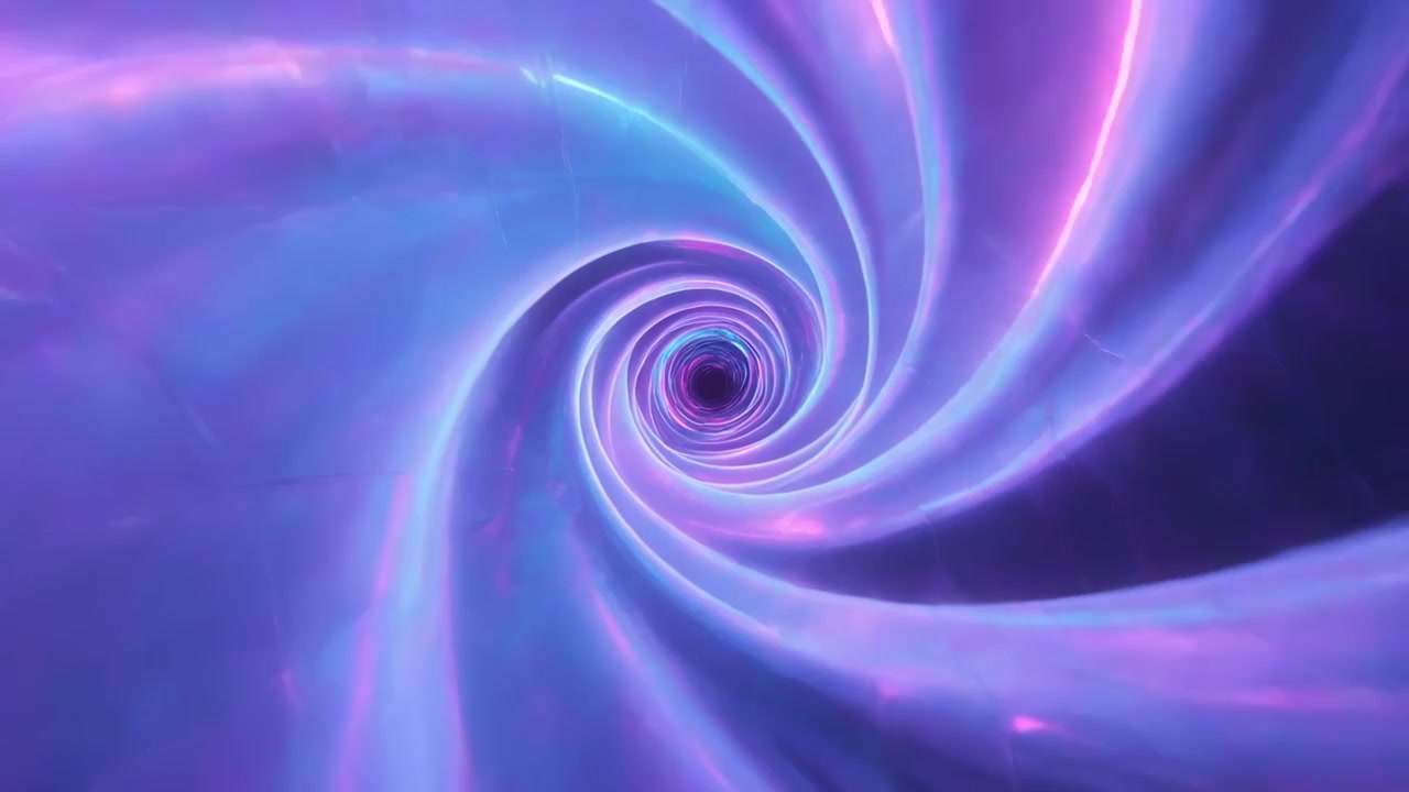 Playing glowing spiral vortex rotating inward in CGI space, neon streaks and dark core
