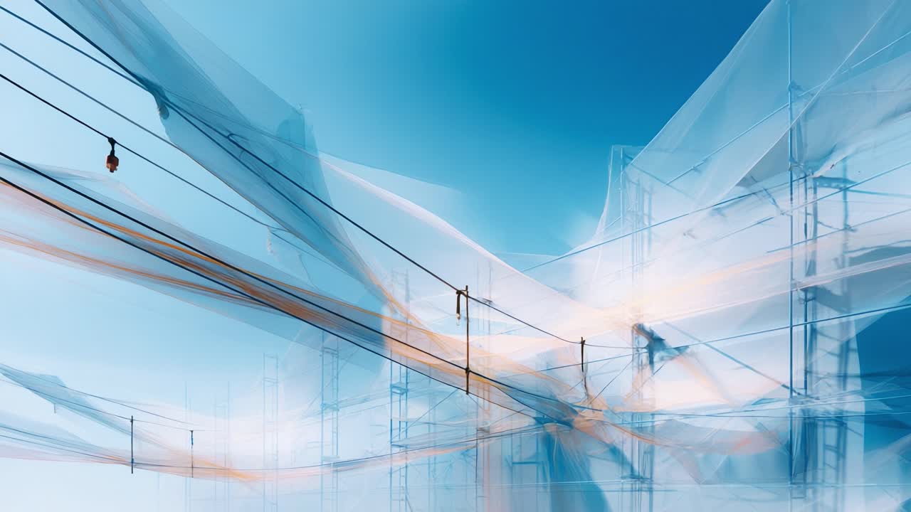 An ethereal exploration of abstract architecture captured through dynamic light and flowing forms, emphasizing the intersection of technology and nature in a mesmerizing visual experience