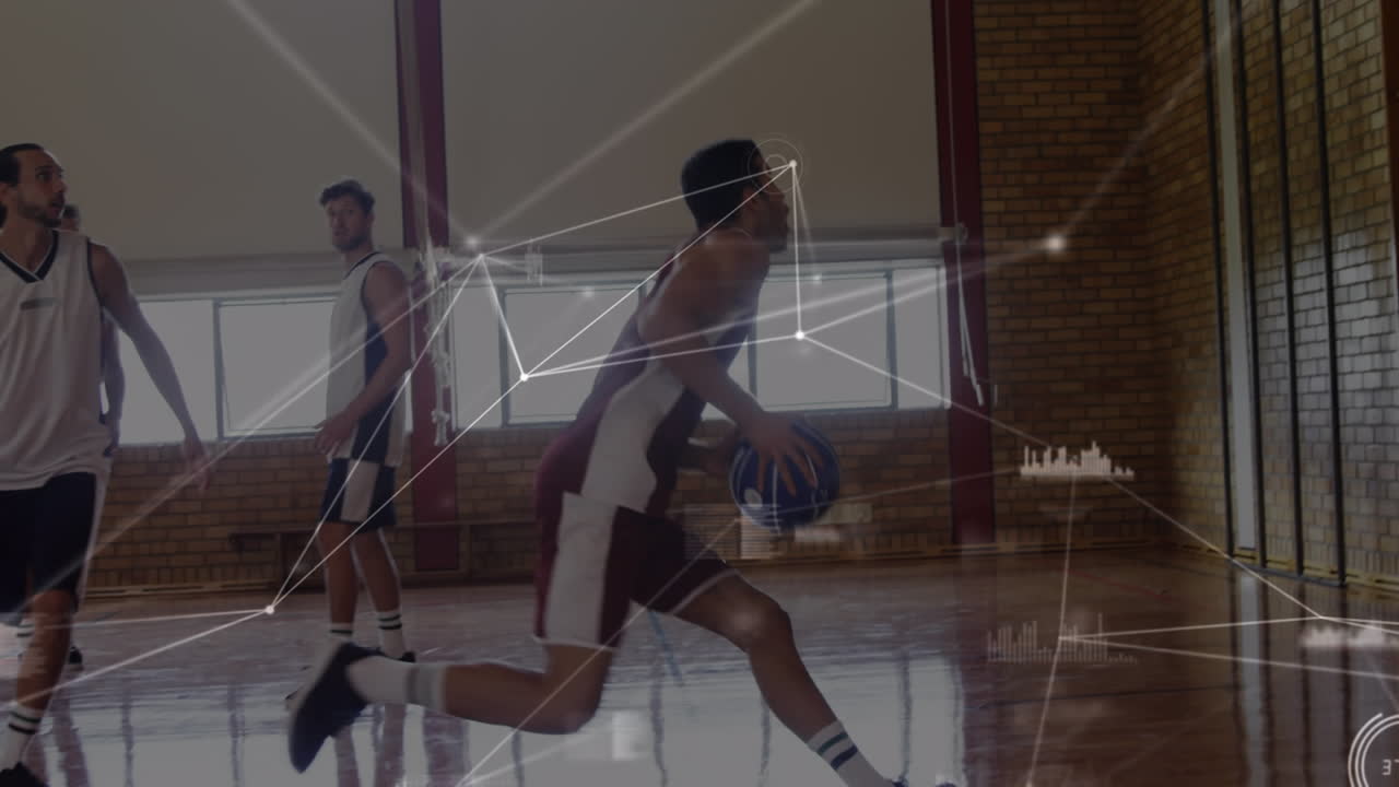 animación de la red de conexiones a través de un partido de baloncesto en el gimnasio
