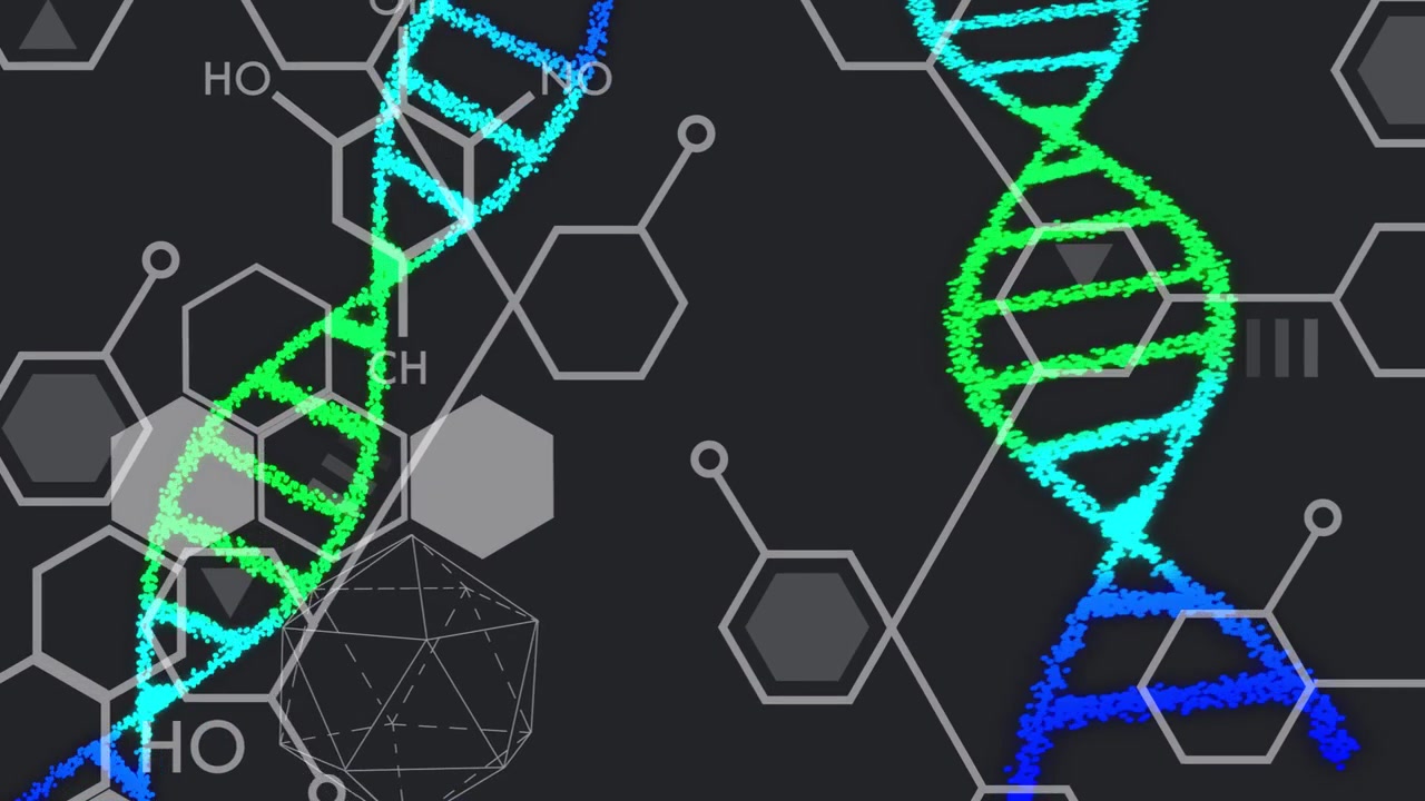 Em loop, hélice de DNA de partícula esquerda girando para dentro enquanto a hélice direita balança, mostrando movimento molecular.