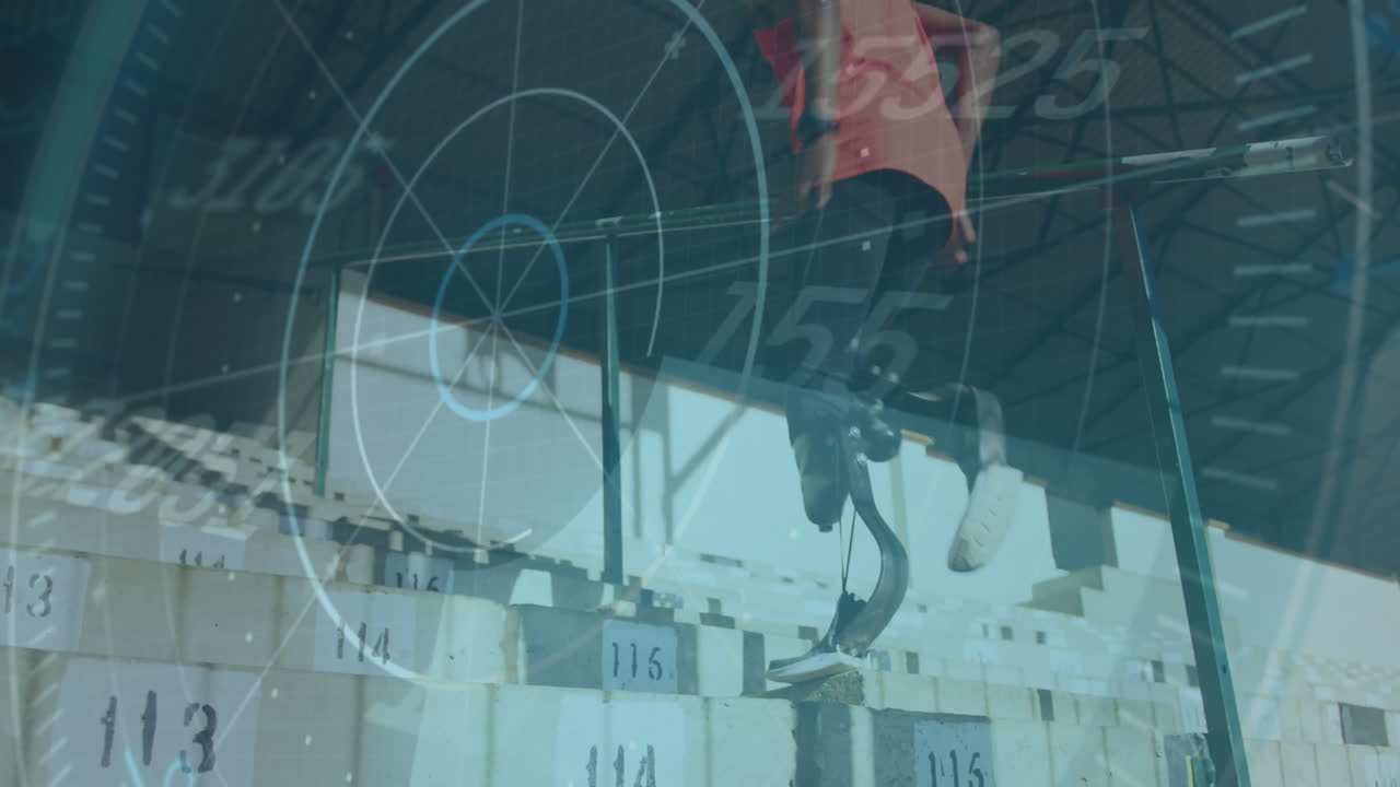 인공 다리를 가진 운동 선수가 블록을 가로질러 달리고, 타 추적 애니메이션 오버레이