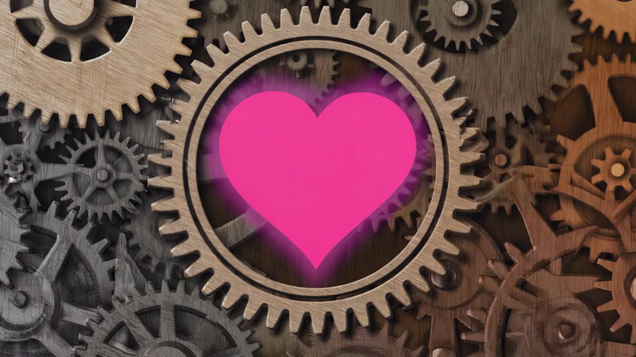 Pink Heart within Industrial Gears Mechanism