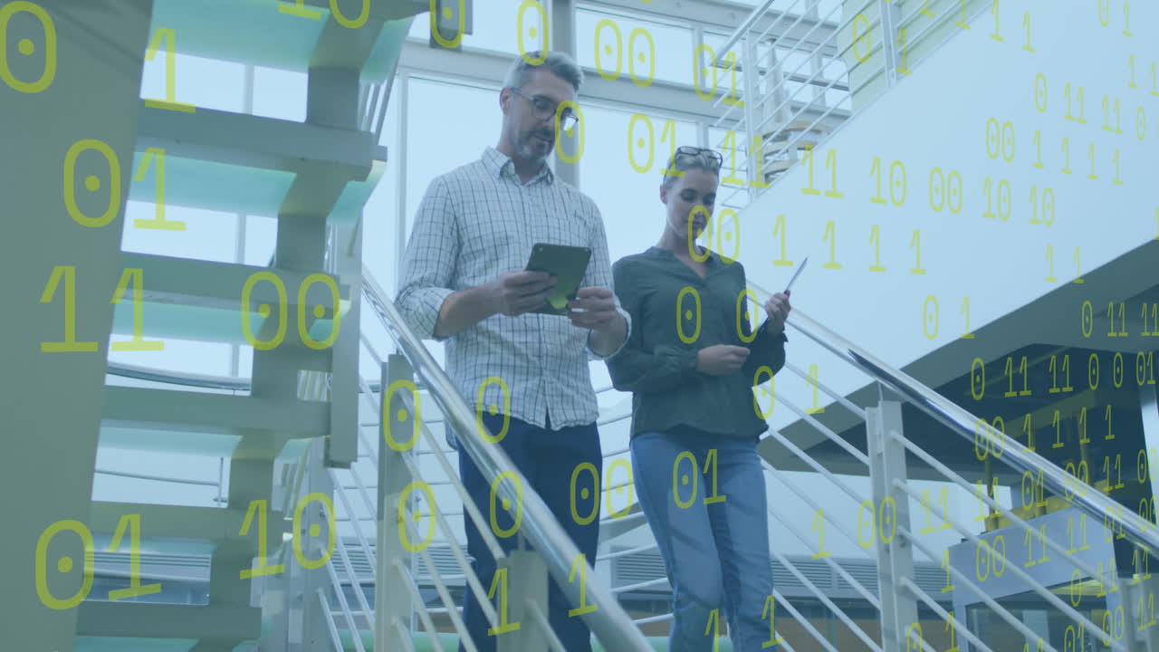 Animation of binary coding and data processing over diverse business people in office