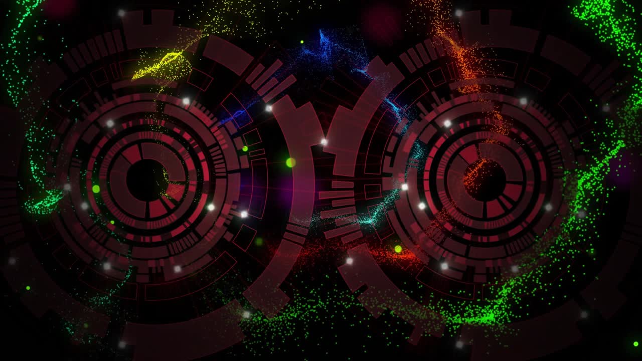 Twin red concentric rings appearing, sparking arcs and specks flowing into ribbons to show energy