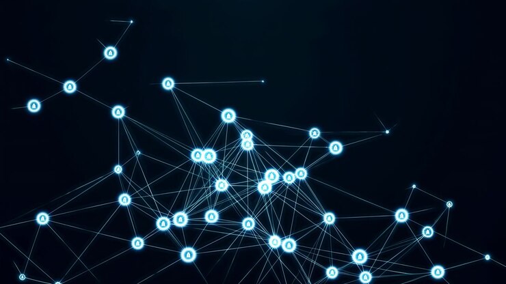 Cluster of neon cyan circular nodes with small lock symbols connects through thin luminous lines, building denser web across deep navy space with strong contrast and futuristic digital feel