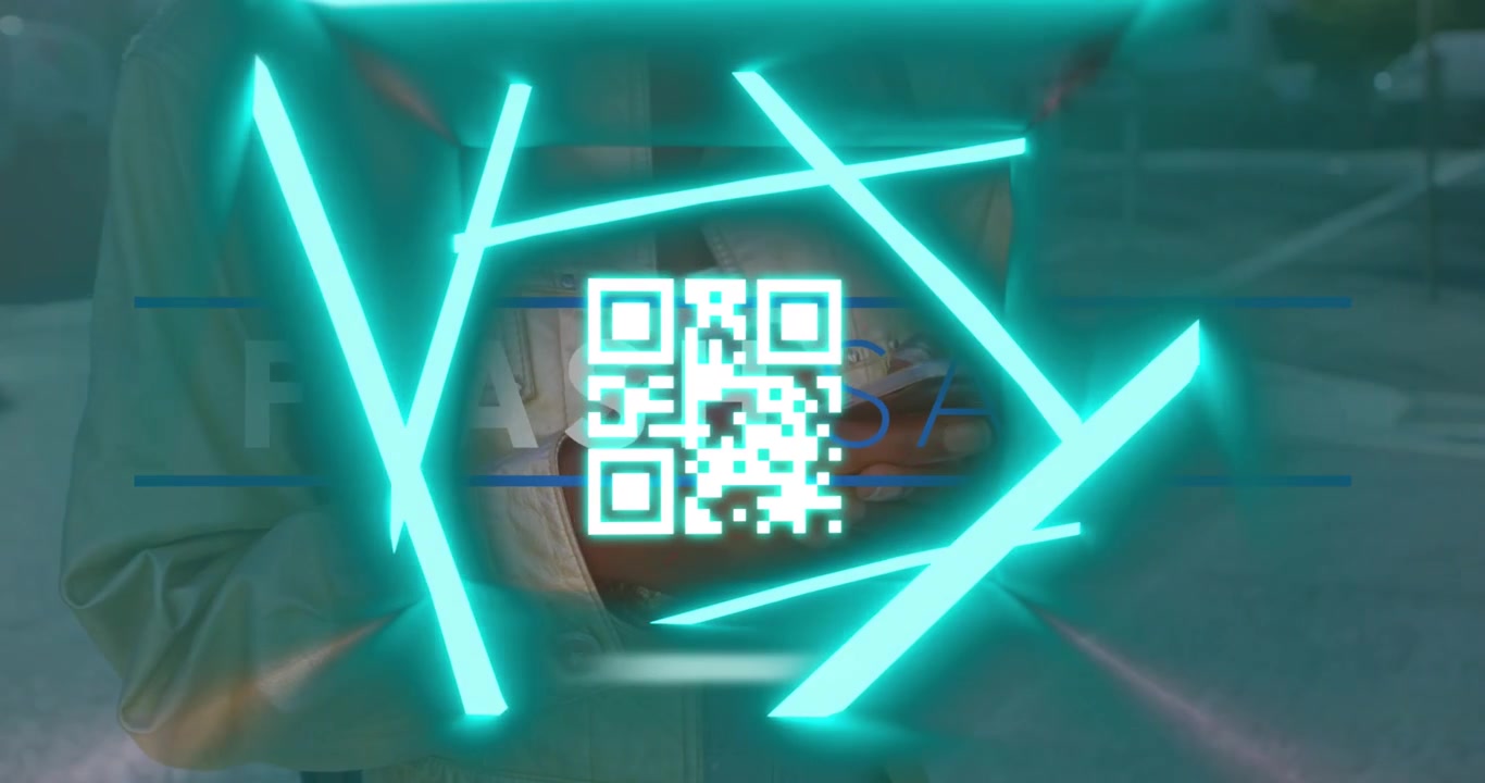 Animation of flash sale text and qr code over african american woman using smartphone