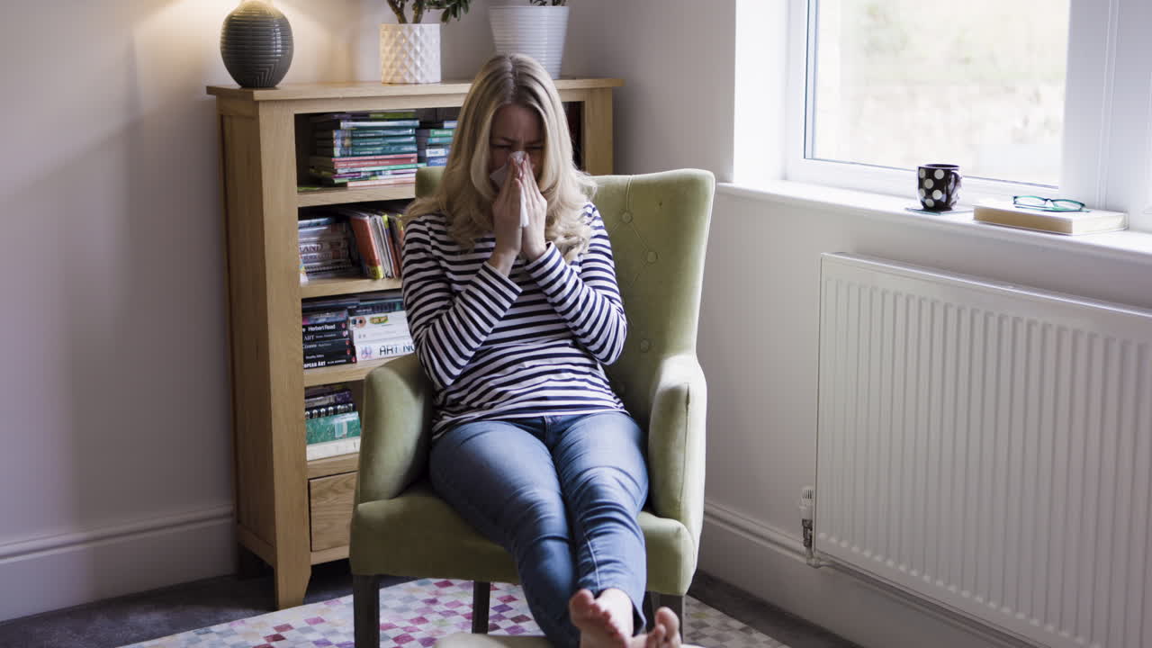 A woman with a cold or flu sitting in a chair