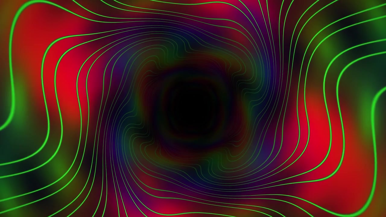Abstract Tunnel of Glowing Green Wavy Lines on Colorful Background