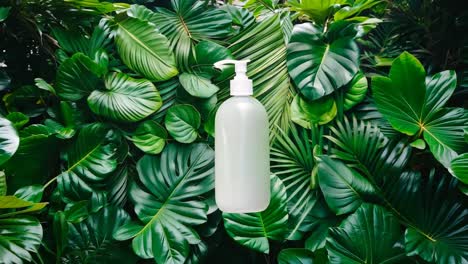 a bottle of liquid soap sitting on top of a lush green plant