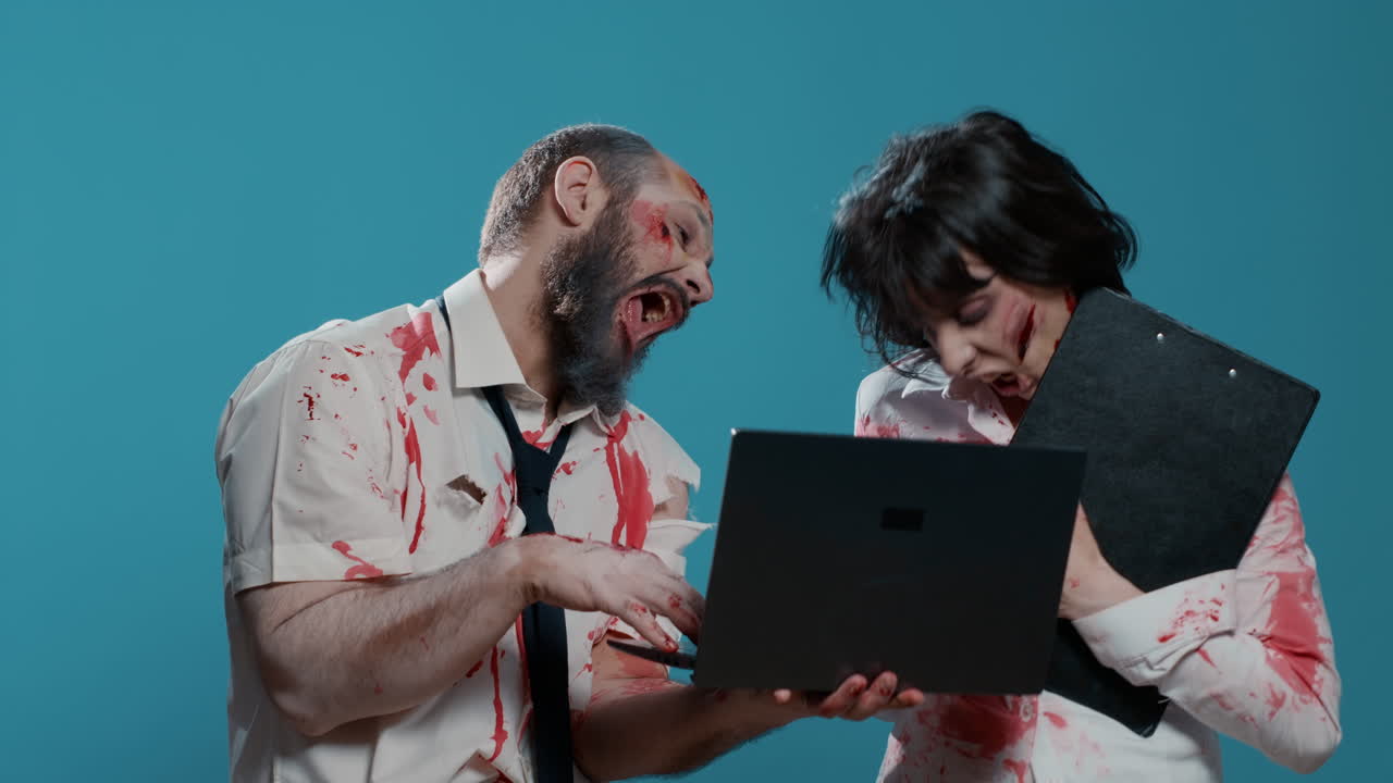 Dumb creepy looking zombies with modern laptop device and clipboard acting childish on blue background