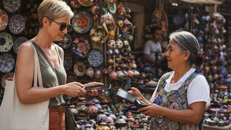 a cultural exchange at the market: a woman interacts with a local vendor, using technology to make a purchase amidst colorful handcrafted goods