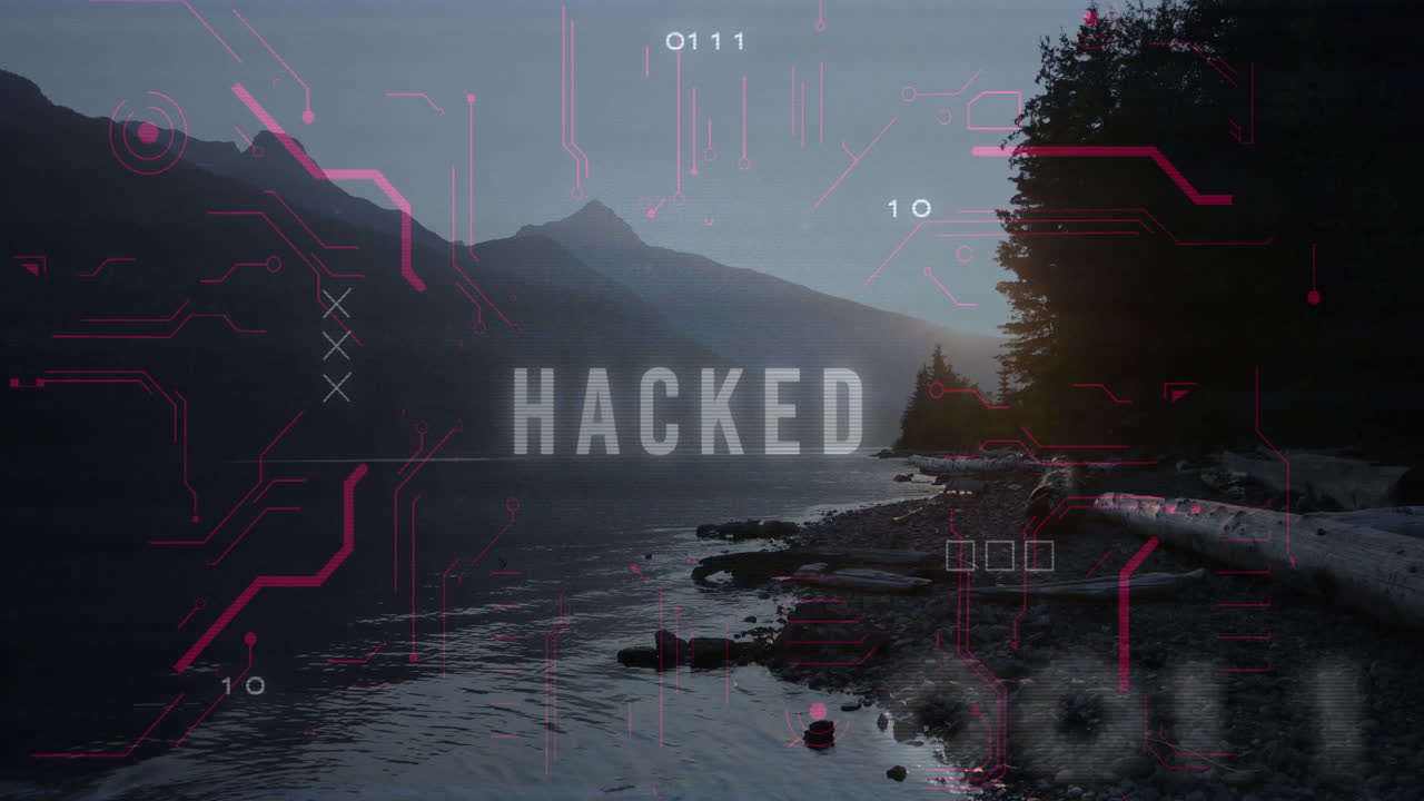 Hacked text animation over serene lake and mountain landscape at dusk