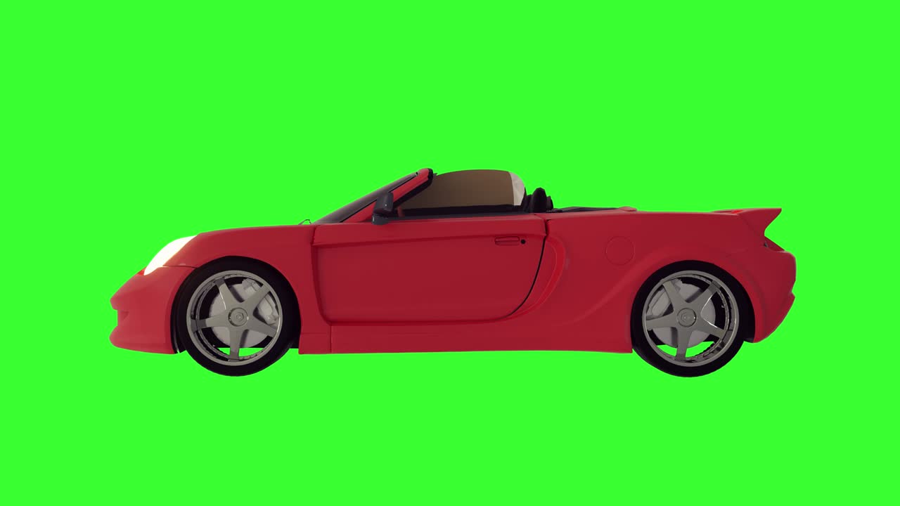 una animación en bucle de un automóvil deportivo descapotable rojo en una pantalla verde. vista lateral