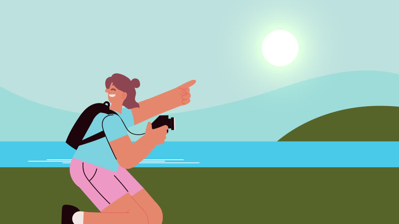 mujer fotógrafa tomando fotos de un paisaje