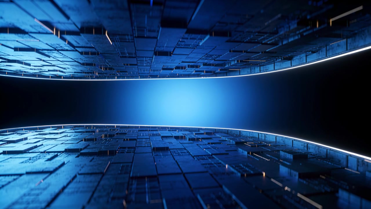 Moving camera showing blue-lit portal in hall with white LEDs and amber lights, emphasizing depth