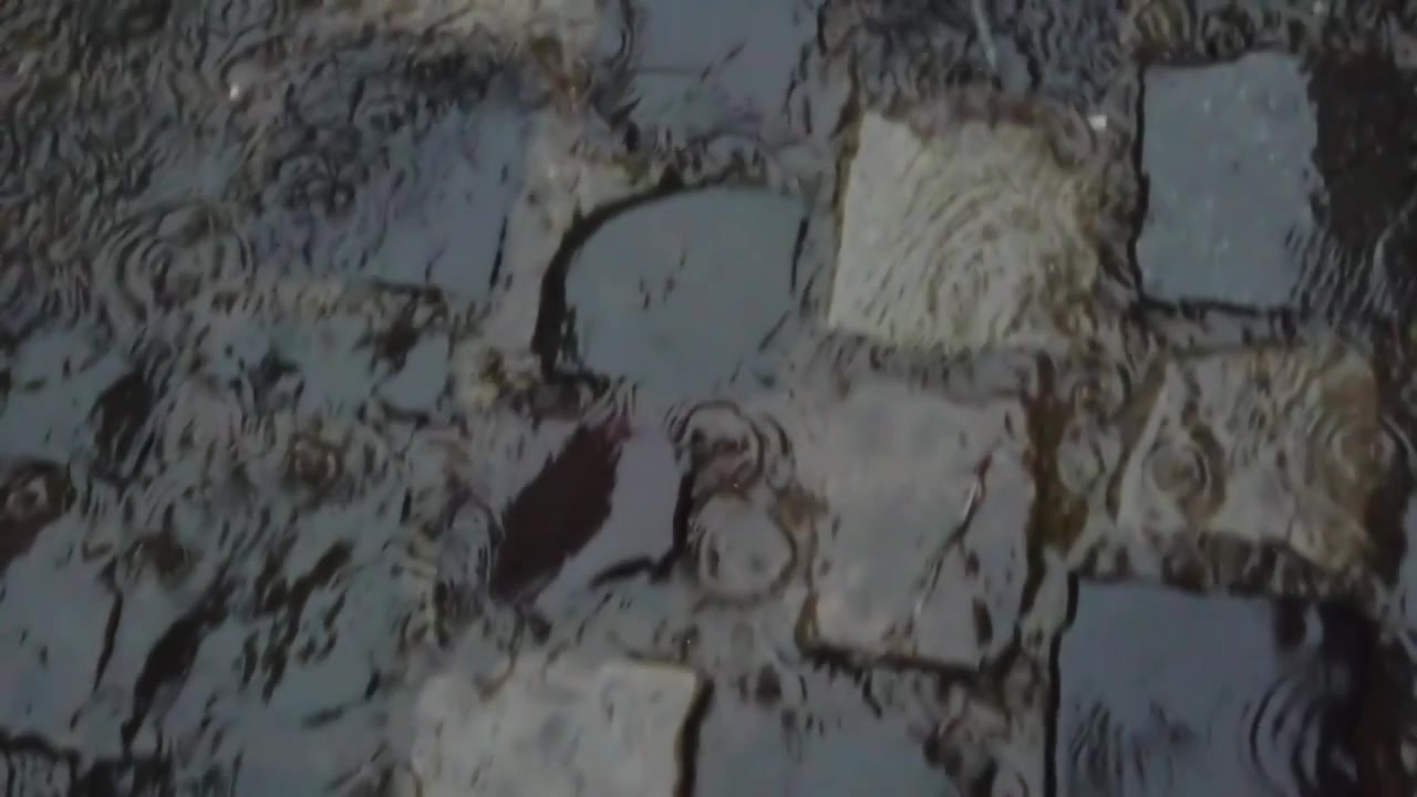 Pioggia in città. Le gocce di pioggia cadono sul marciapiede.