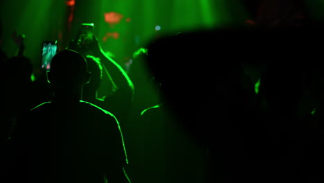concert crowd enjoying live music performance with vibrant green lighting and raised hands