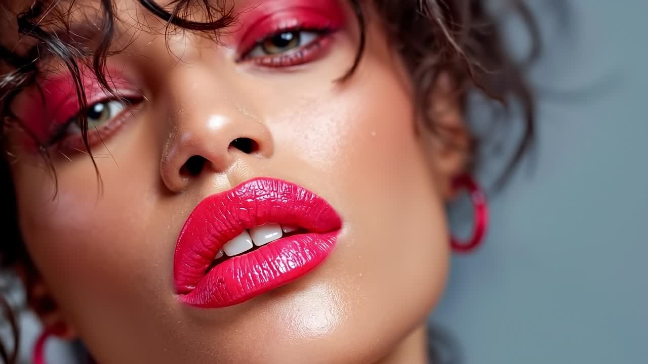 A close up of a woman with red lipstick on her lips