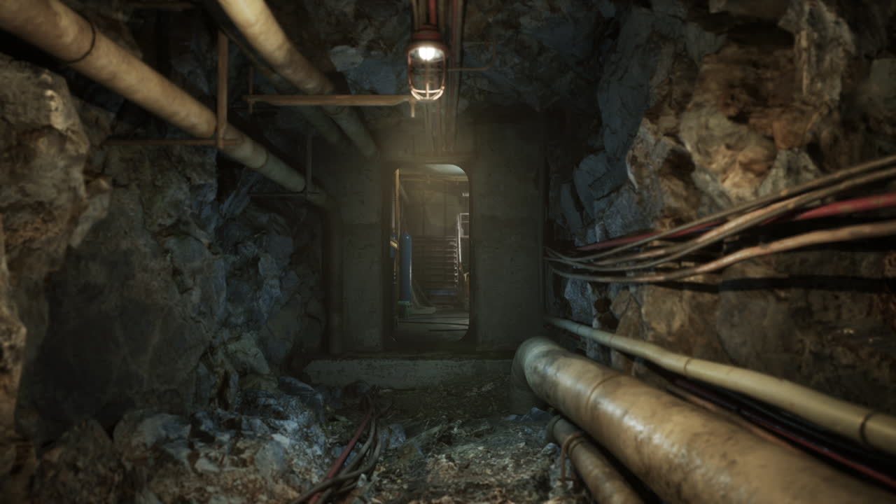 oscuro y misterioso túnel subterráneo con tuberías y cables