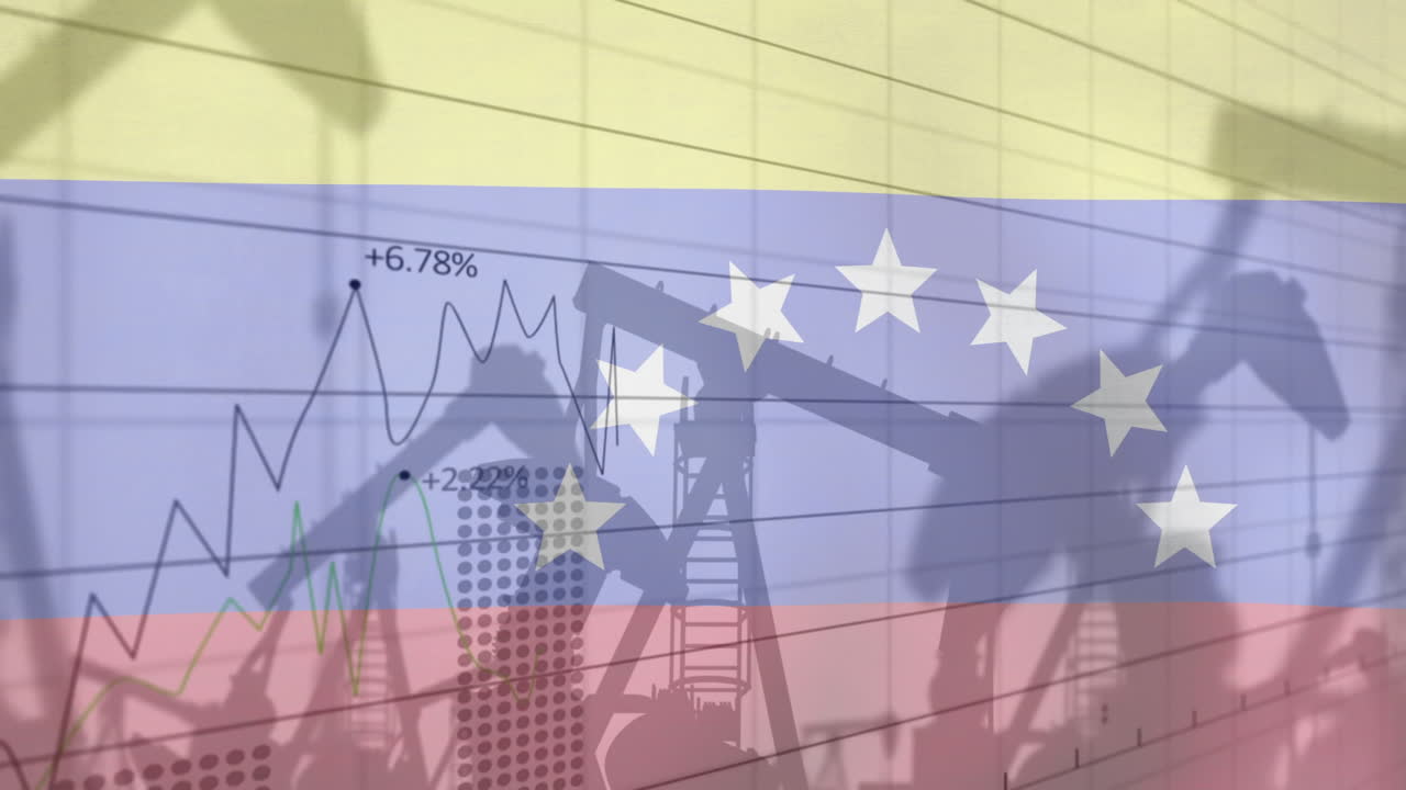 animación del procesamiento de datos financieros sobre la plataforma petrolera y la bandera de venezuela