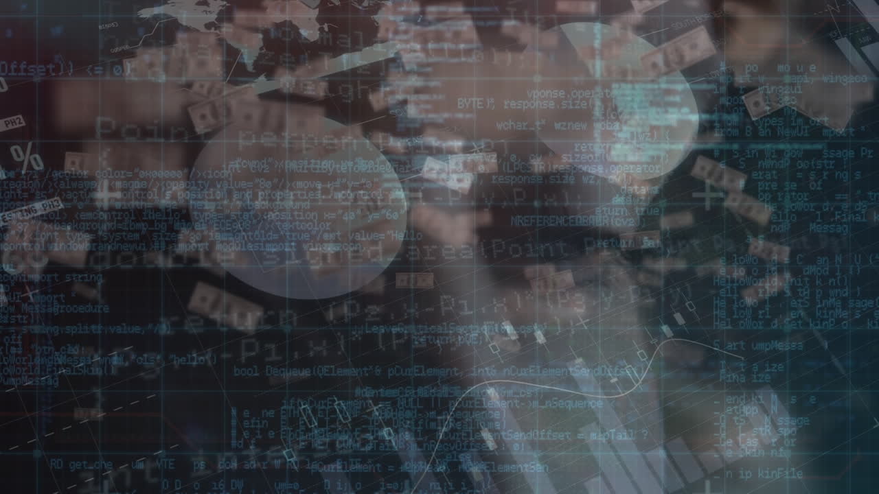 animación del procesamiento de datos y dólares sobre la mujer caucásica