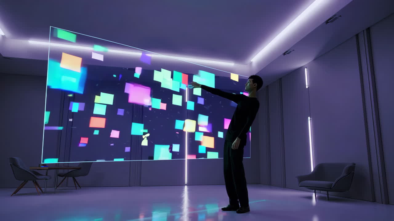 Person interacting with a holographic display in a modern room