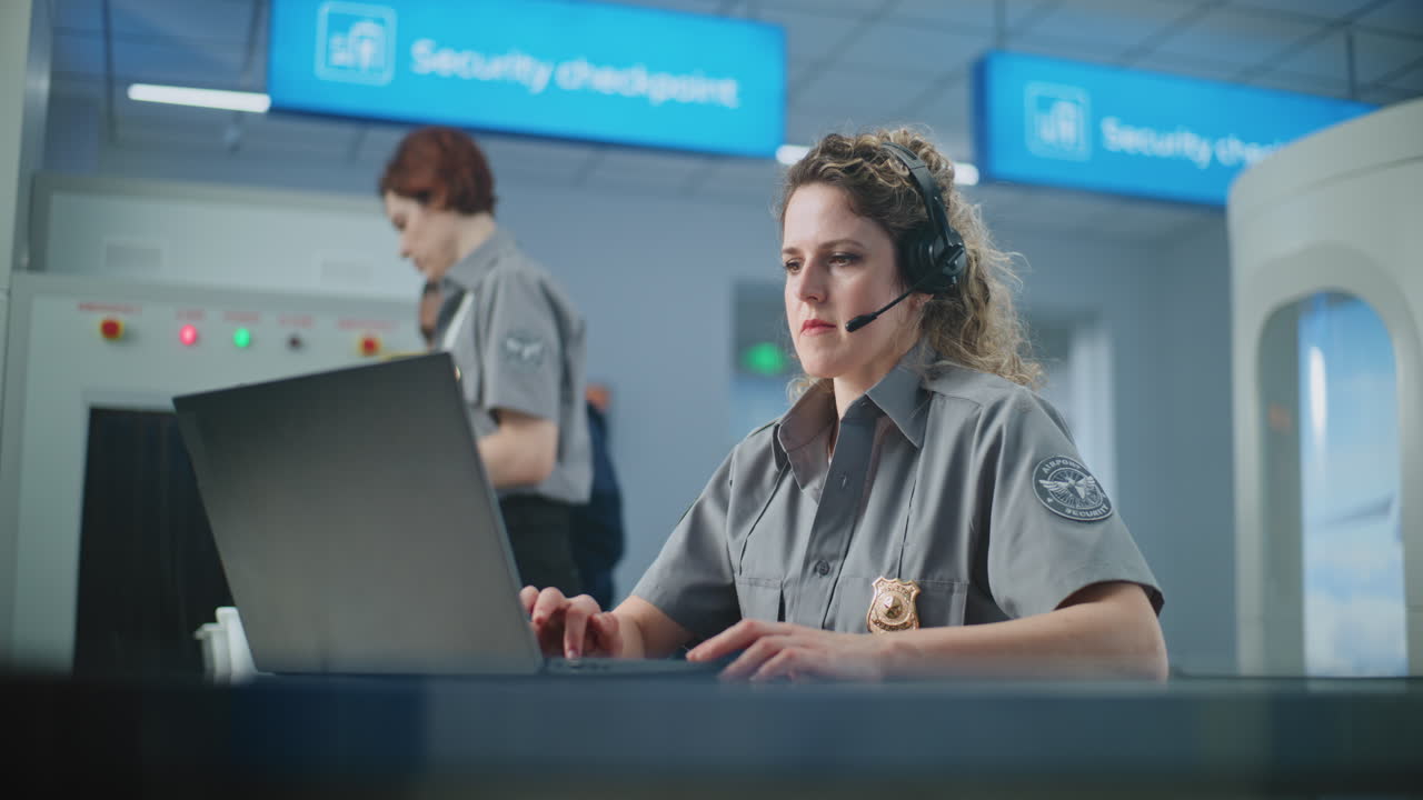 oficial de seguridad del aeropuerto trabajando en el puesto de control