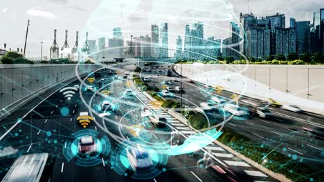 concepto de tecnología de transporte inteligente para el futuro tráfico de automóviles en la carretera de la ciudad de newish