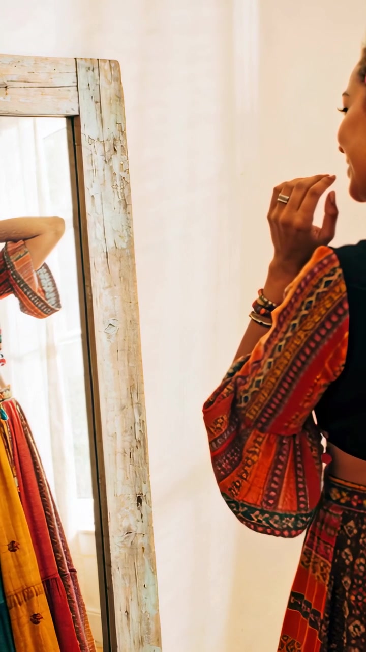Video verticale: Donna che alza le mani e sistema un fiore all'orecchio a casa, con un outfit boho, davanti a uno specchio, mentre si prepara.