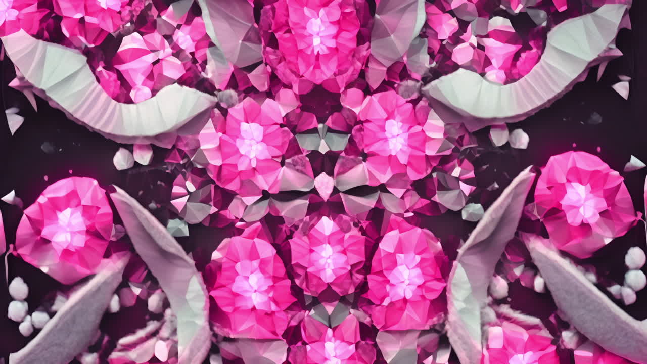 Pink and white geometric floral pattern animation over dark background, copy space, looping , seamle
