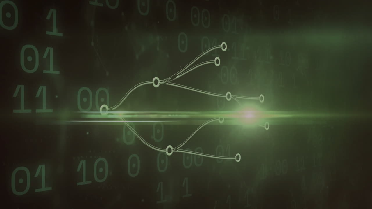 Animation of binary code and data flow lines on glowing green digital background