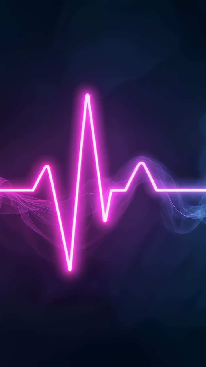 Video verticale: base rosa in formazione, onda ECG al neon con picchi pulsanti che imitano il battito cardiaco in studio con fumo