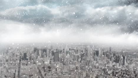 snow falling and cityscape