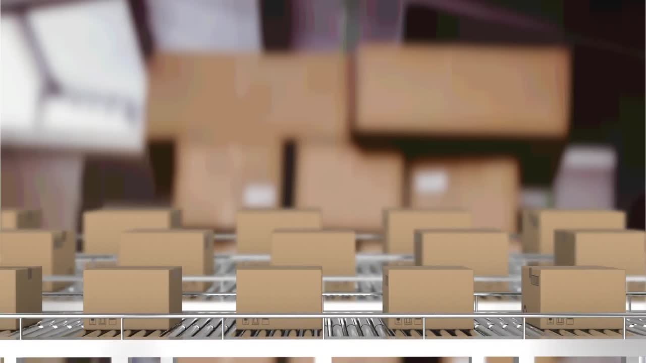 창고의 컨베이어 벨트에 있는 카드보드 상자의 애니메이션