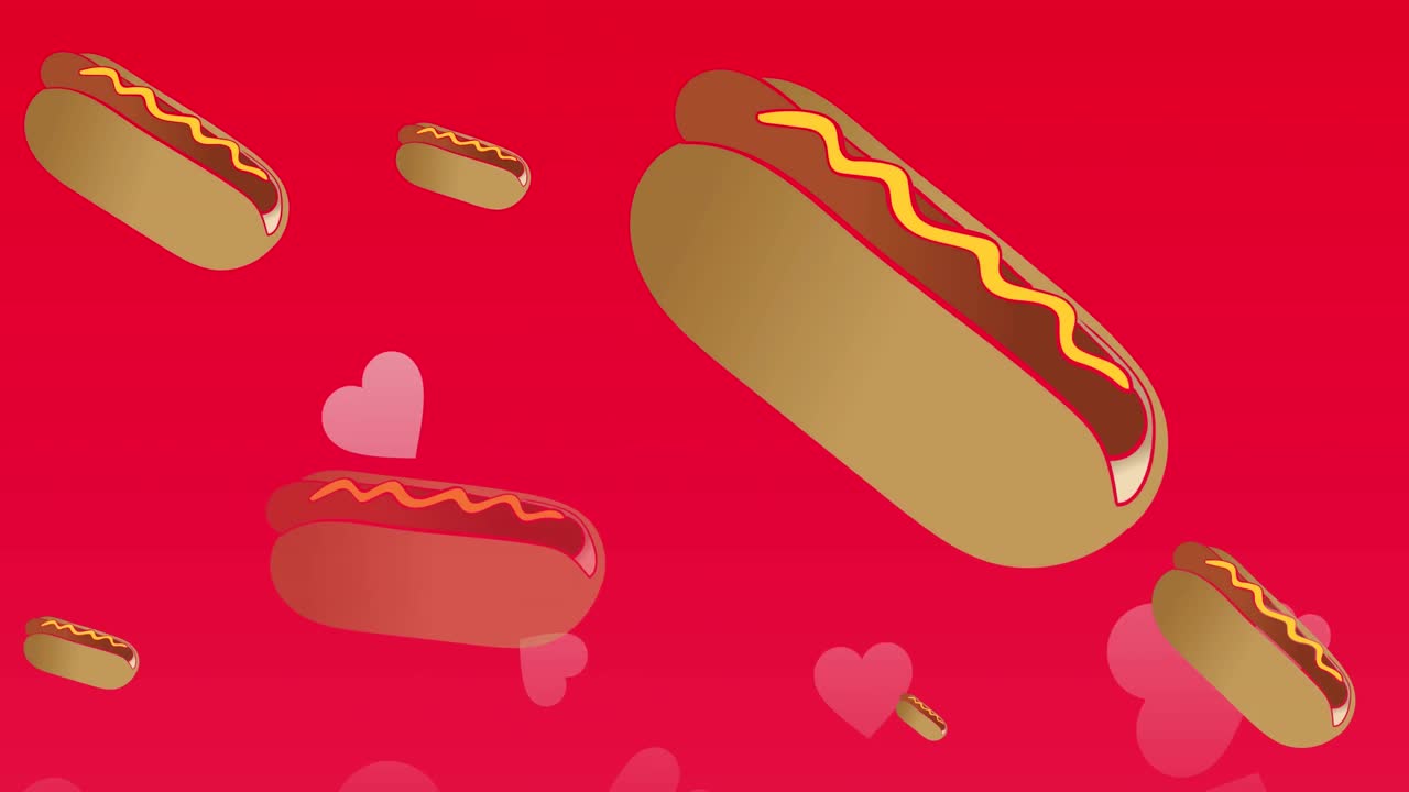 Animatie van hotdogs met opstijgende roze hartjes op een rode achtergrond
