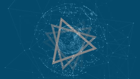 Animation of white triangles spinning with globe of network of connections