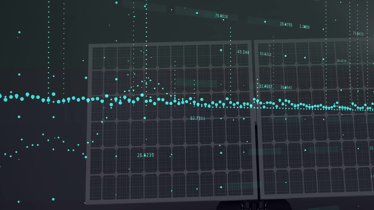 Cyan bølgeform modtager data, oscillerer over solpaneler, opdaterer etiketter til overvågning.