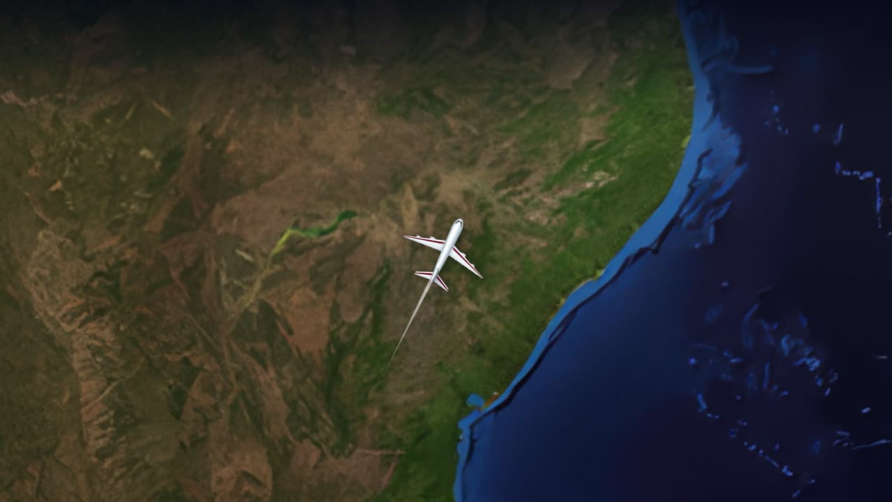 Satellitvisningsanimation følger et kommercielt fly, der flyver fra Brasilien over Atlanten til Europa.