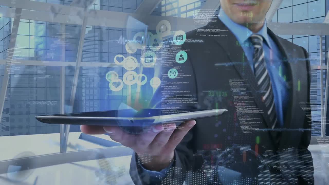 This is a computer generated video of digital icons over a businessman holding a tablet