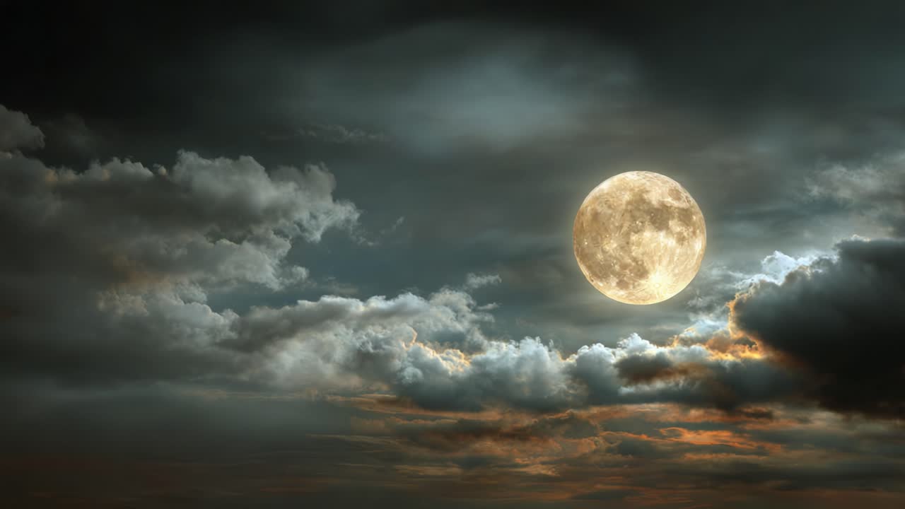 A Captivating Scene of a Full Moon Illuminating the Night Sky, Surrounded by Dramatic Clouds and Soft Glows, Depicting Nature's Impressive Beauty in Serenity