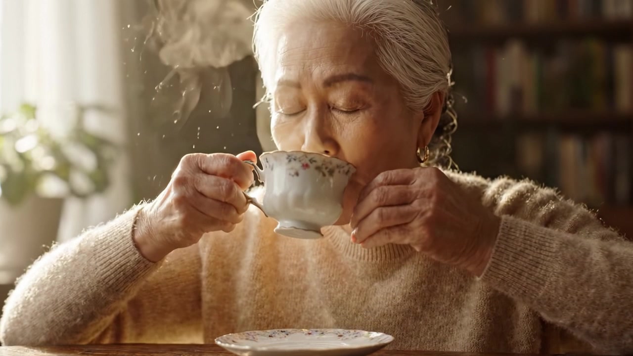 Un'anziana signora si gode un momento di tranquillità con una calda tazza di tè, catturando l'essenza del comfort e della serenità nel suo sorriso.