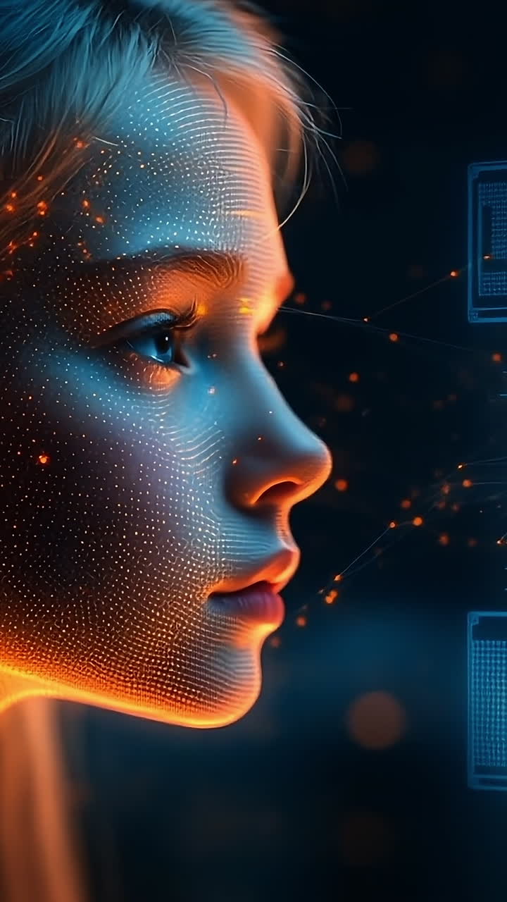 AI and human interaction exploration. A young woman gazes thoughtfully while data streams and digital patterns surround her, symbolizing technology's impact.