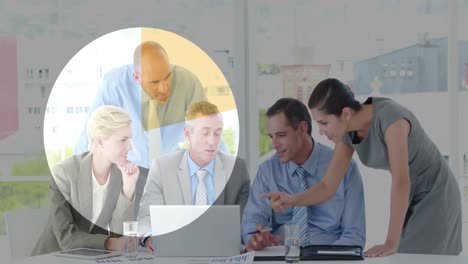 animation of loading pie chart over diverse coworkers discussing reports over laptop in office